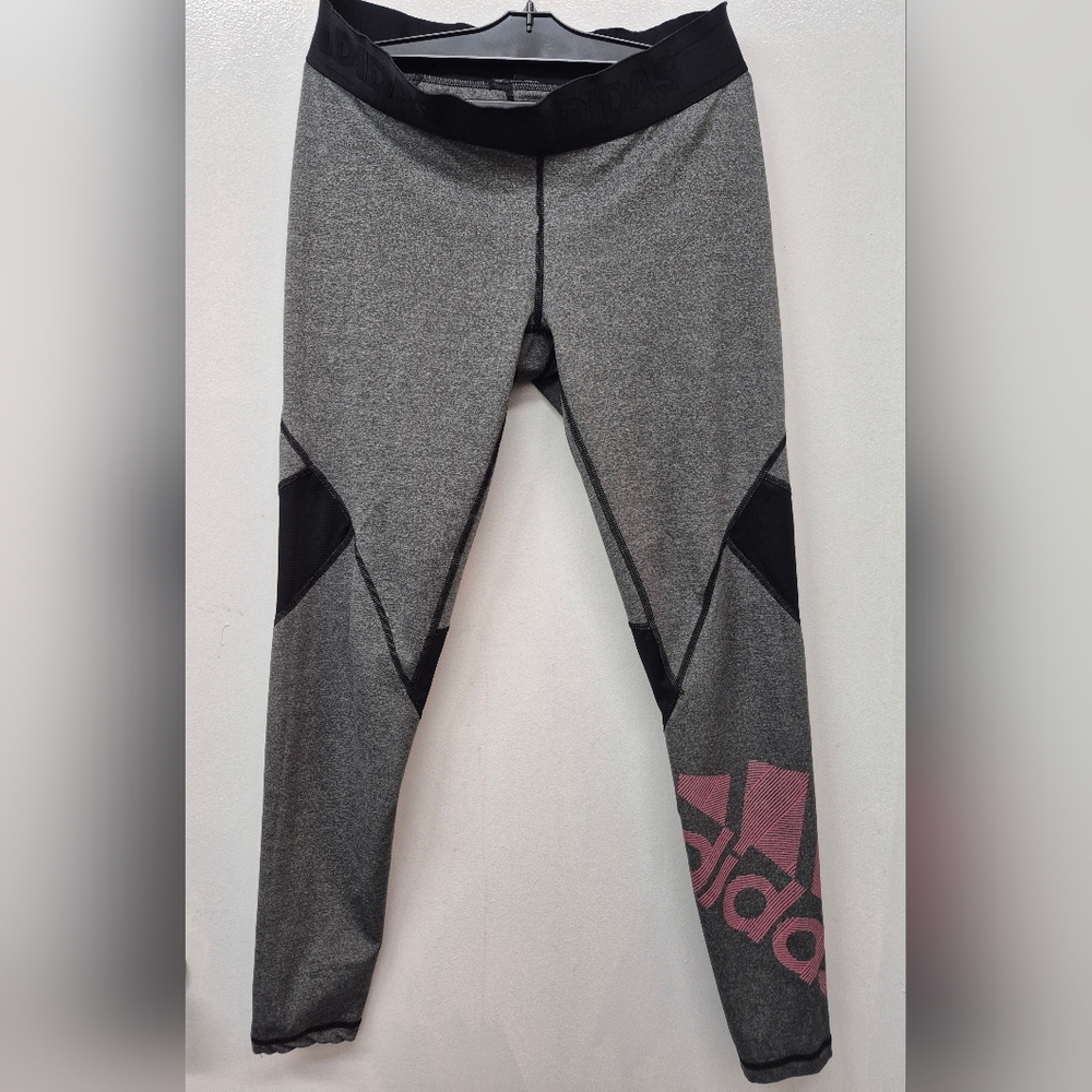 🪻3/$25 Adidas Gray Black Alphaskin Compression Leggings Pink Logo Med